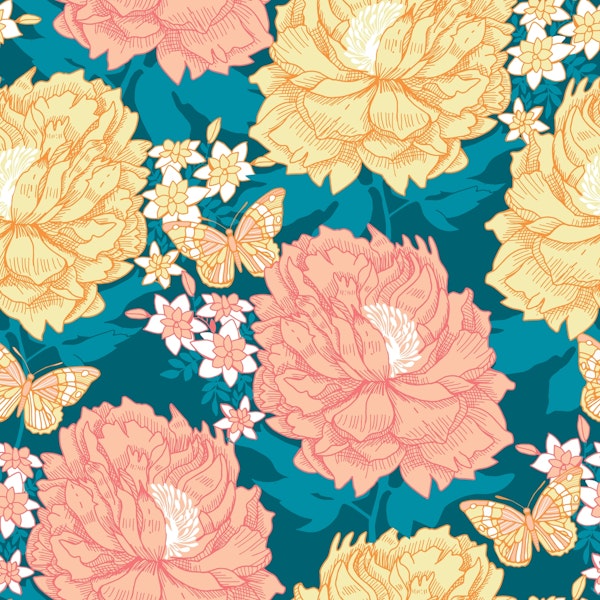 lush peony flowers on dark green