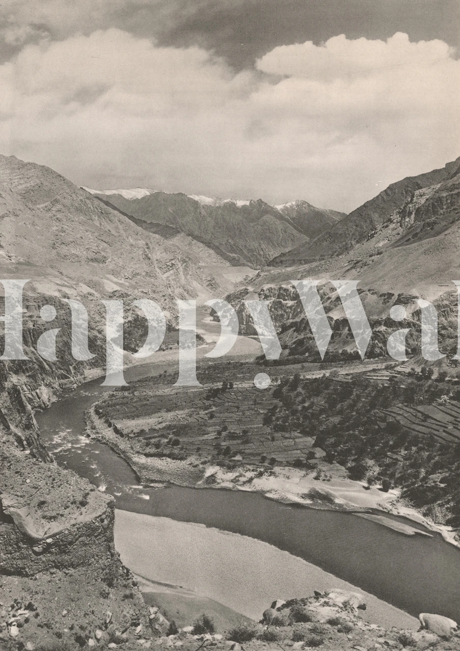 Scenic river valley wallpaper design