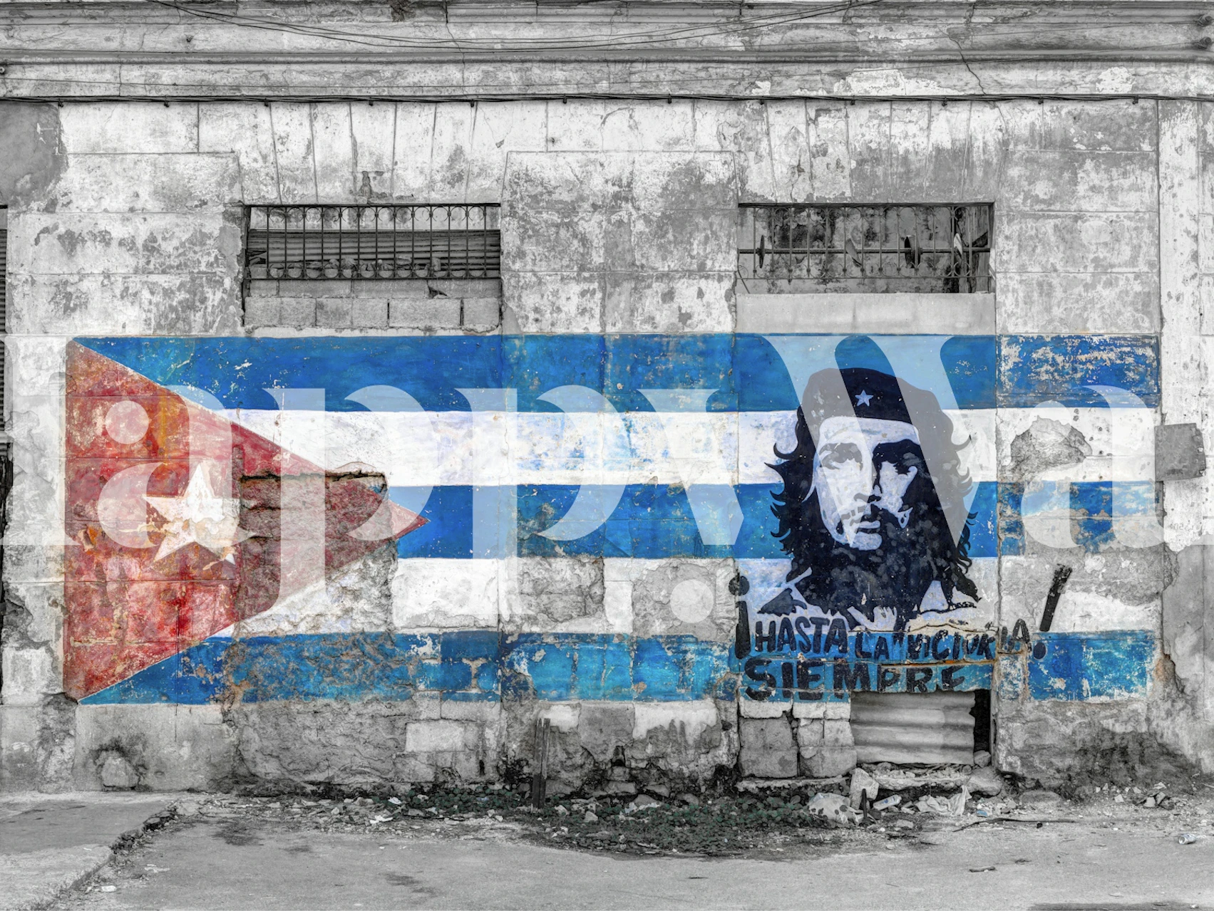 Cuban flag mural with Che Guevara in blue, red, and white wallpaper