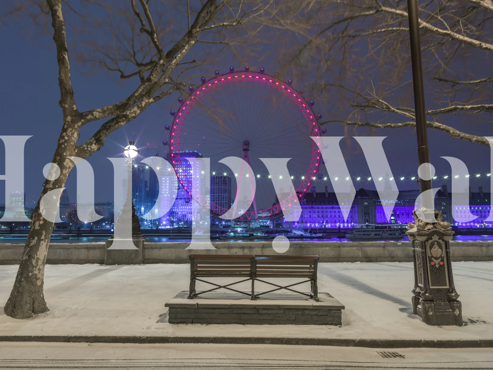 Purple city skyline at night with a Ferris wheel and snow wallpaper