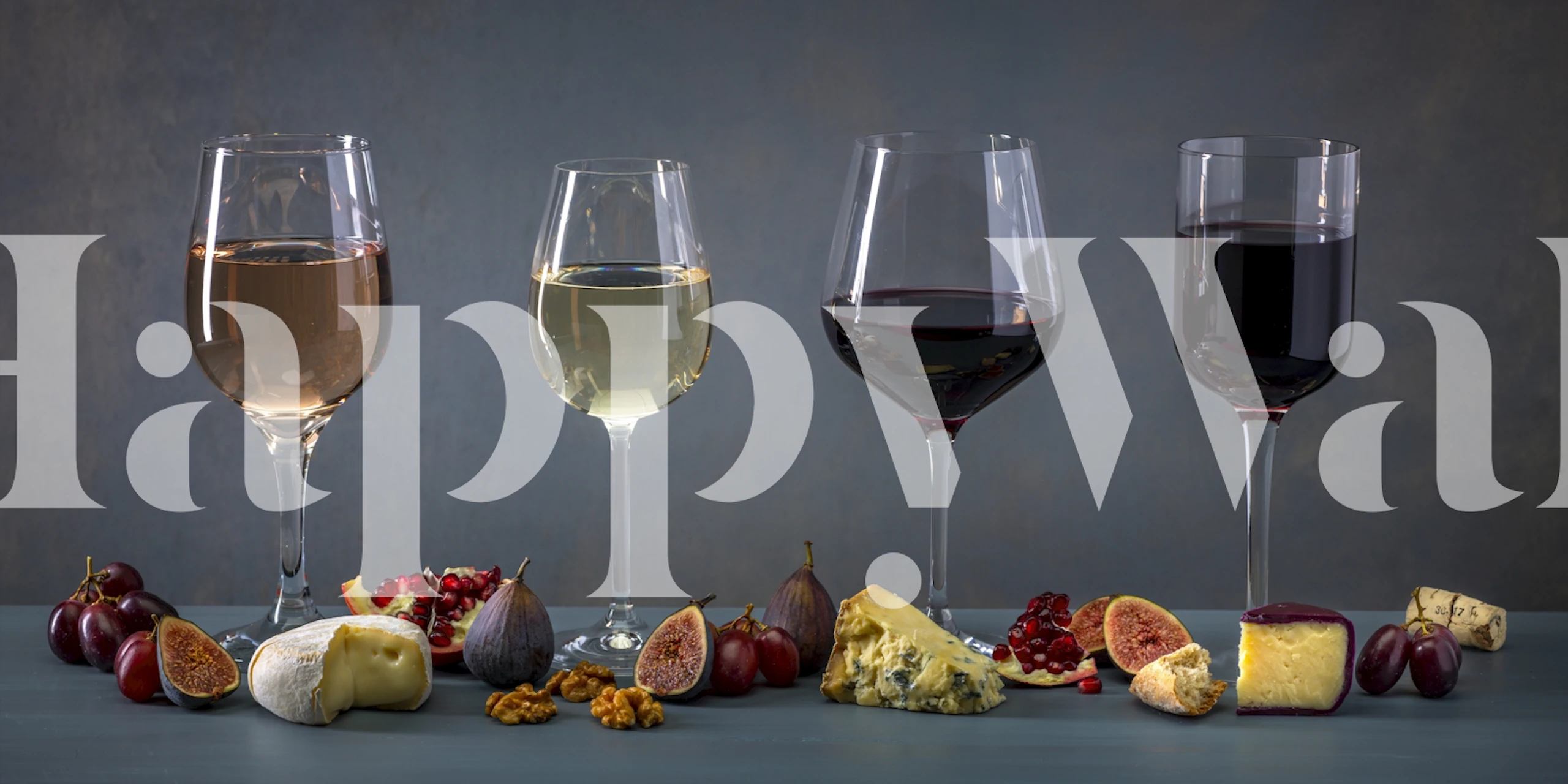 Wine glasses and cheese platter in rich tones wallpaper