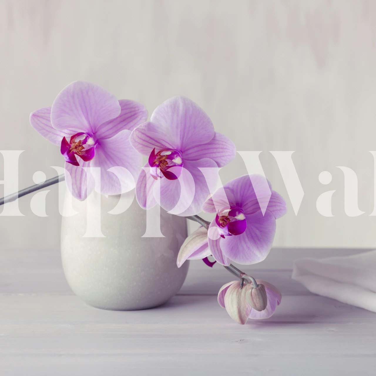 Purple orchids in a vase on a light background wallpaper