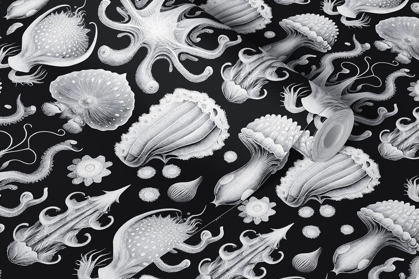 Strange Mollusks Toile de Jouy - B&W wallpaper roll