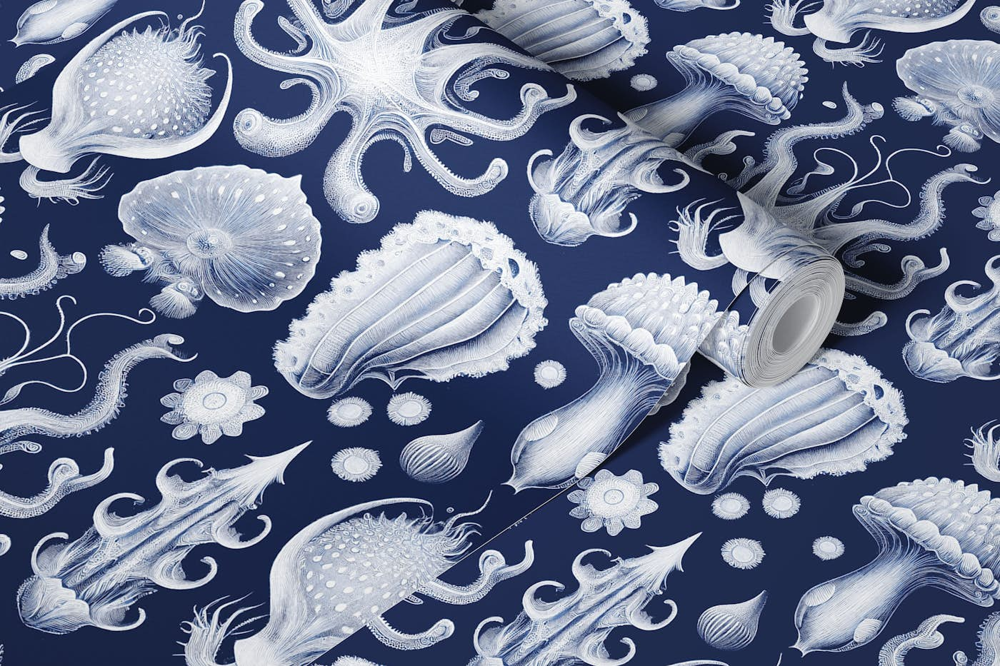 Strange Mollusks Toile de Jouy - Marine Blue wallpaper roll