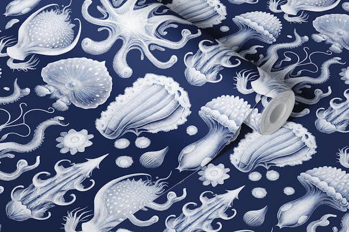 Strange Mollusks Toile de Jouy - Marine Bluewallpaper roll