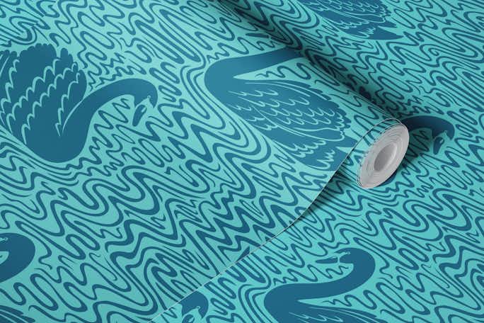 Swan Lake - teal on aqua turquoise bluewallpaper roll