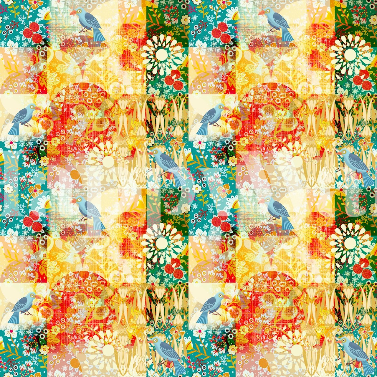 Χρωματιστός τοίχος με Birds in golden morning sun και λουλούδια