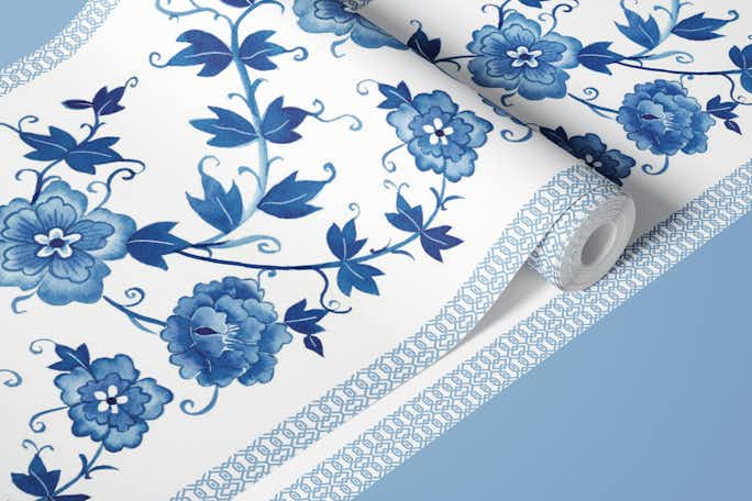 Blue Chinoiserie floral in stripeswallpaper roll