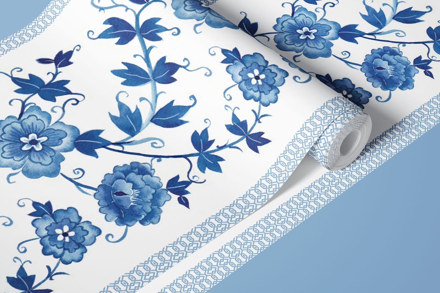 Blue Chinoiserie floral in stripes wallpaper roll