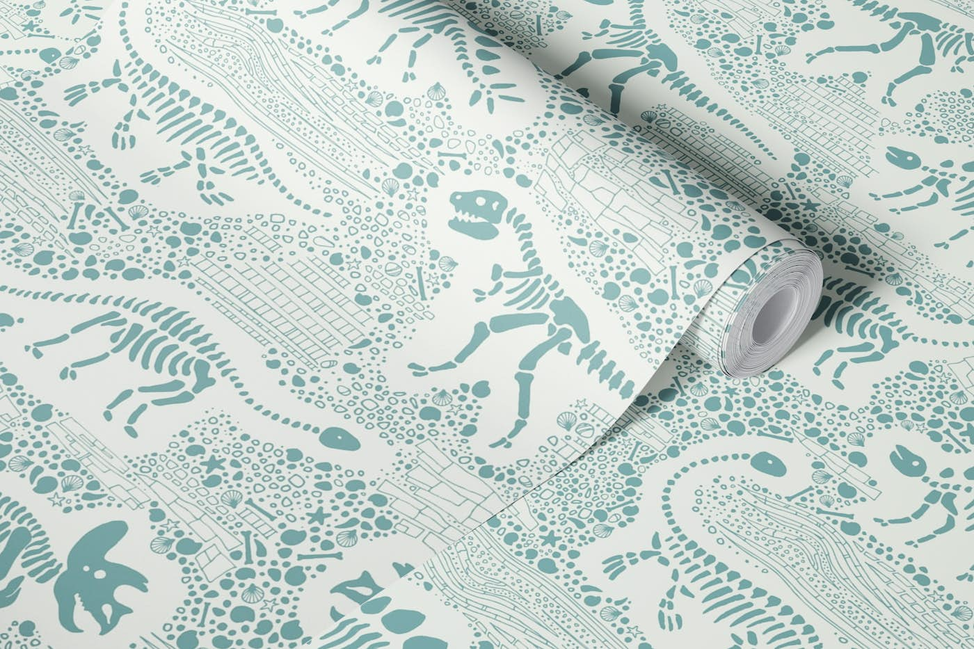 Dinosaur Fossils - Elephant grey on cream wallpaper roll