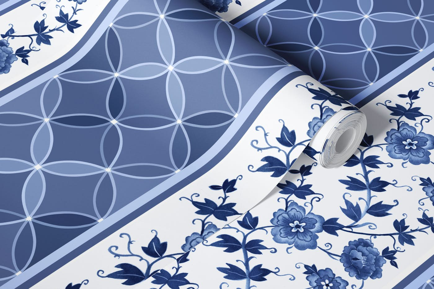 Blue florals with geometrical border wallpaper roll