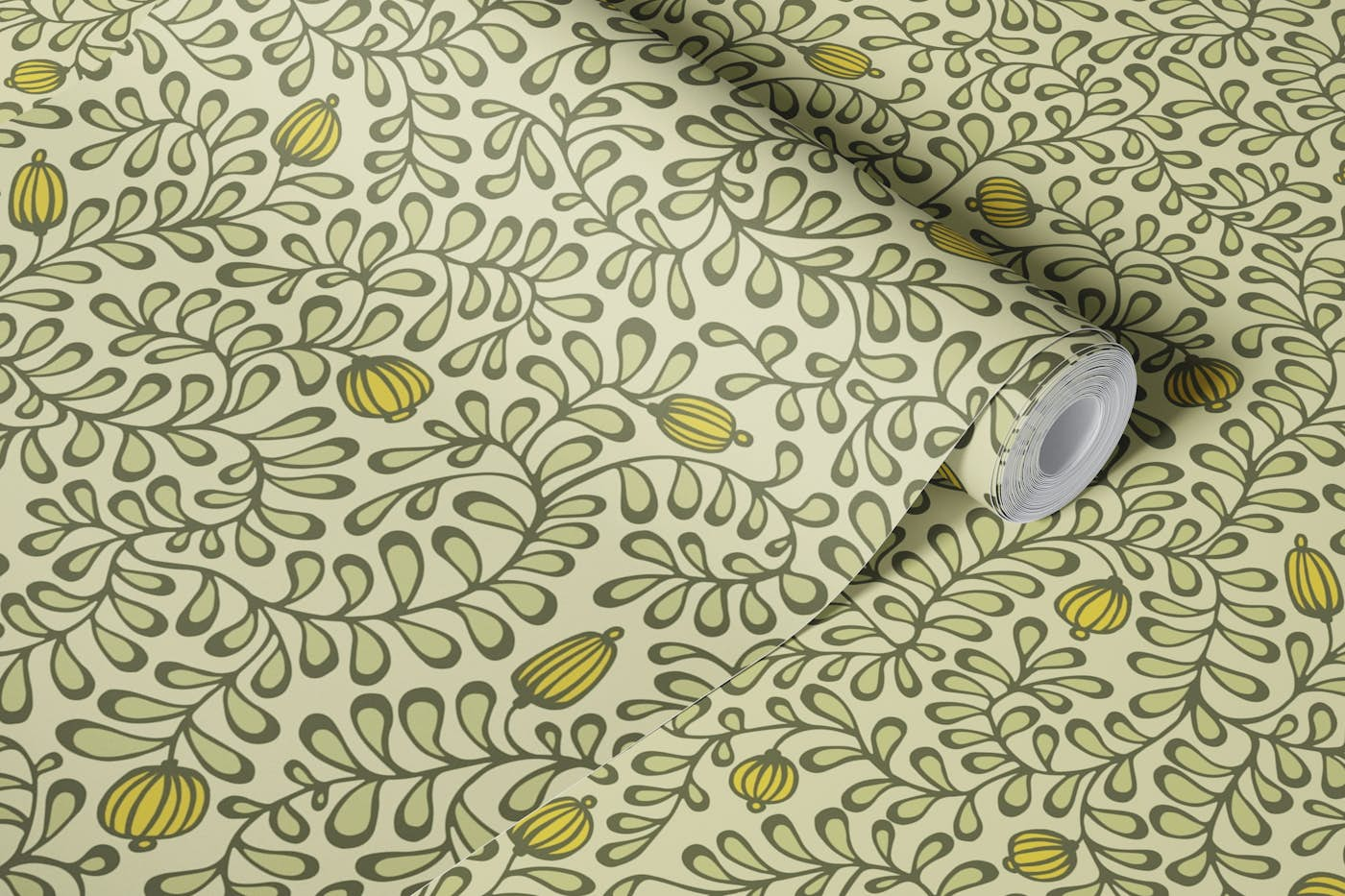 tangled leaves - green, yellow wallpaper roll