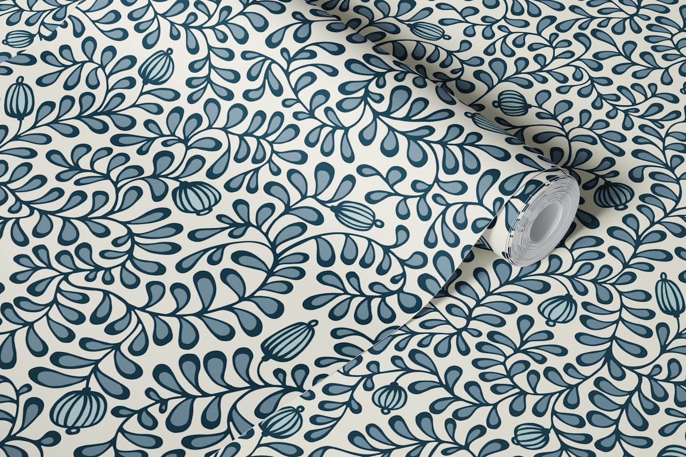 tangled leaves - grey blue wallpaper roll