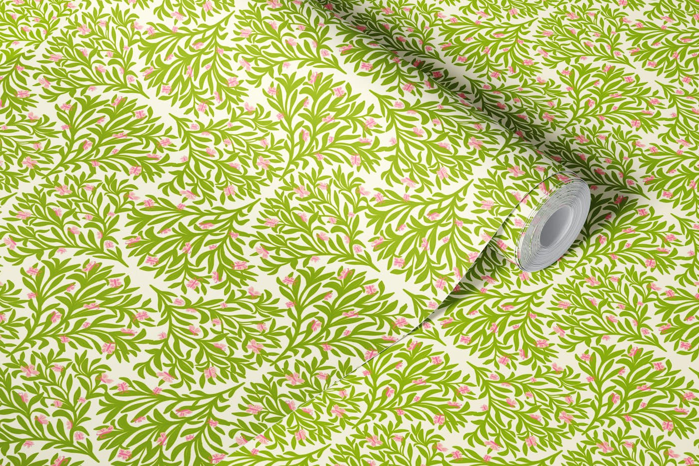 Art deco green and pink foliage wallpaper roll