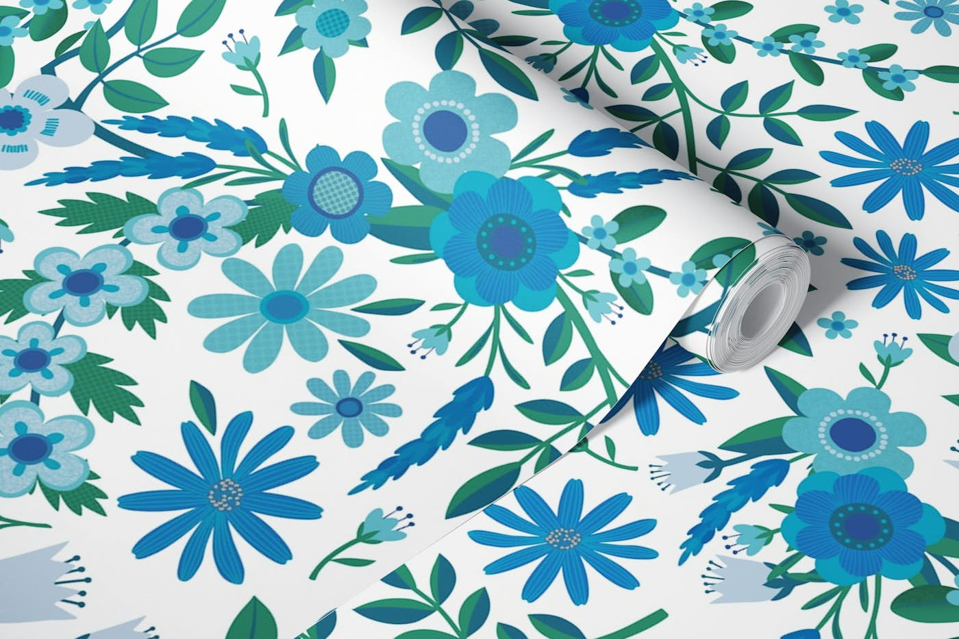 Summer lavender and daisies - blue on white wallpaper roll