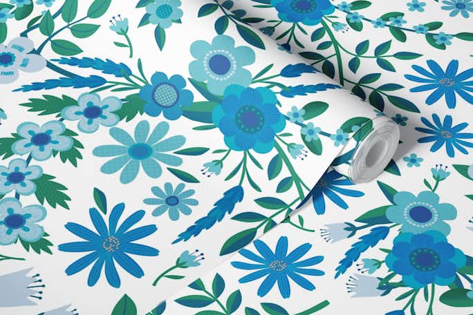 Summer lavender and daisies - blue on whitewallpaper roll