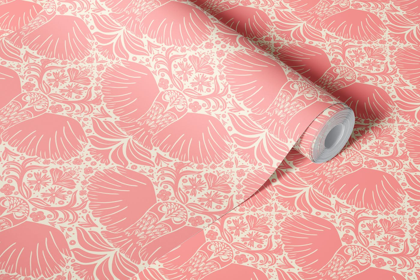 Blush Pink block printing owls wallpaper roll