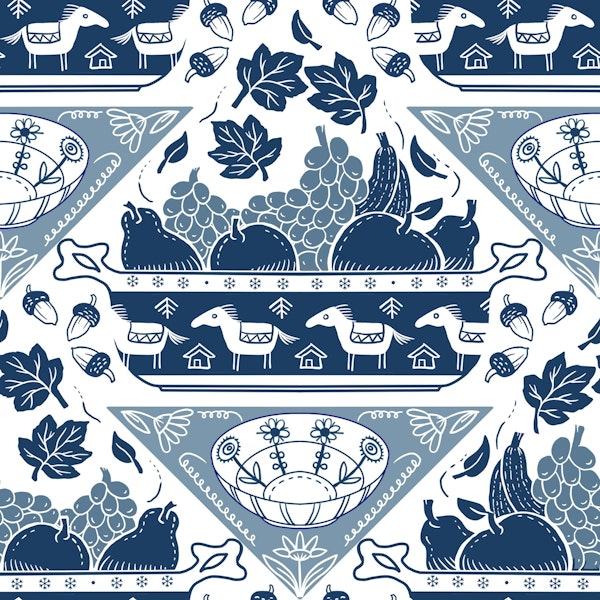 blue fruit bowl with horses