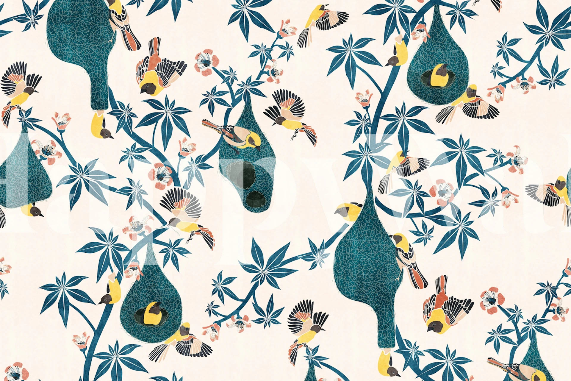 Weaver Birds ja Nests tapetti huoneessa