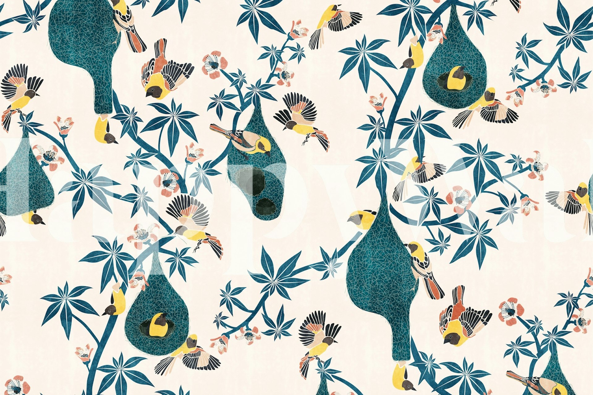 Weaver Birds med Nests tapet i ett rum