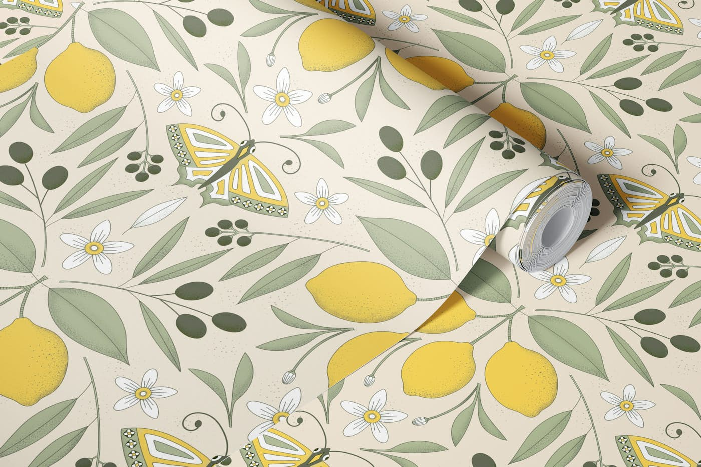 Mediterranean lemons olives butterflies cream wallpaper roll