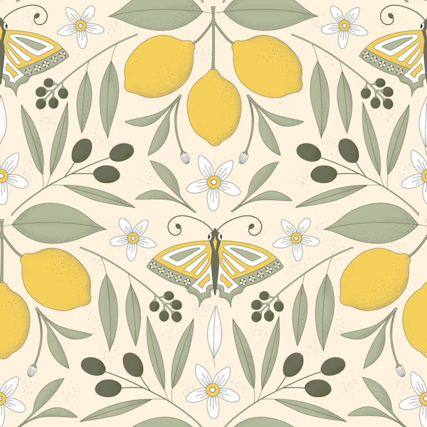 Mediterranean lemons olives butterflies cream