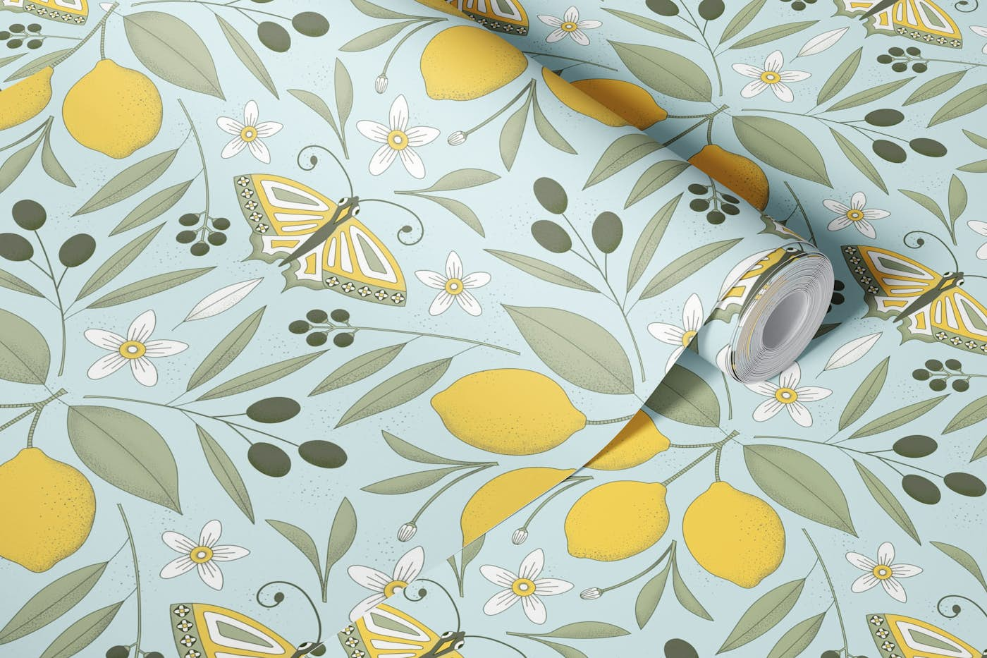 Mediterranean lemons olives butterflies blue wallpaper roll