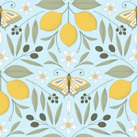 Mediterranean lemons olives butterflies blue tapete