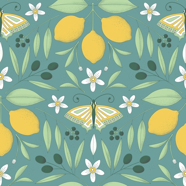 Mediterranean lemons olives butterflies teal