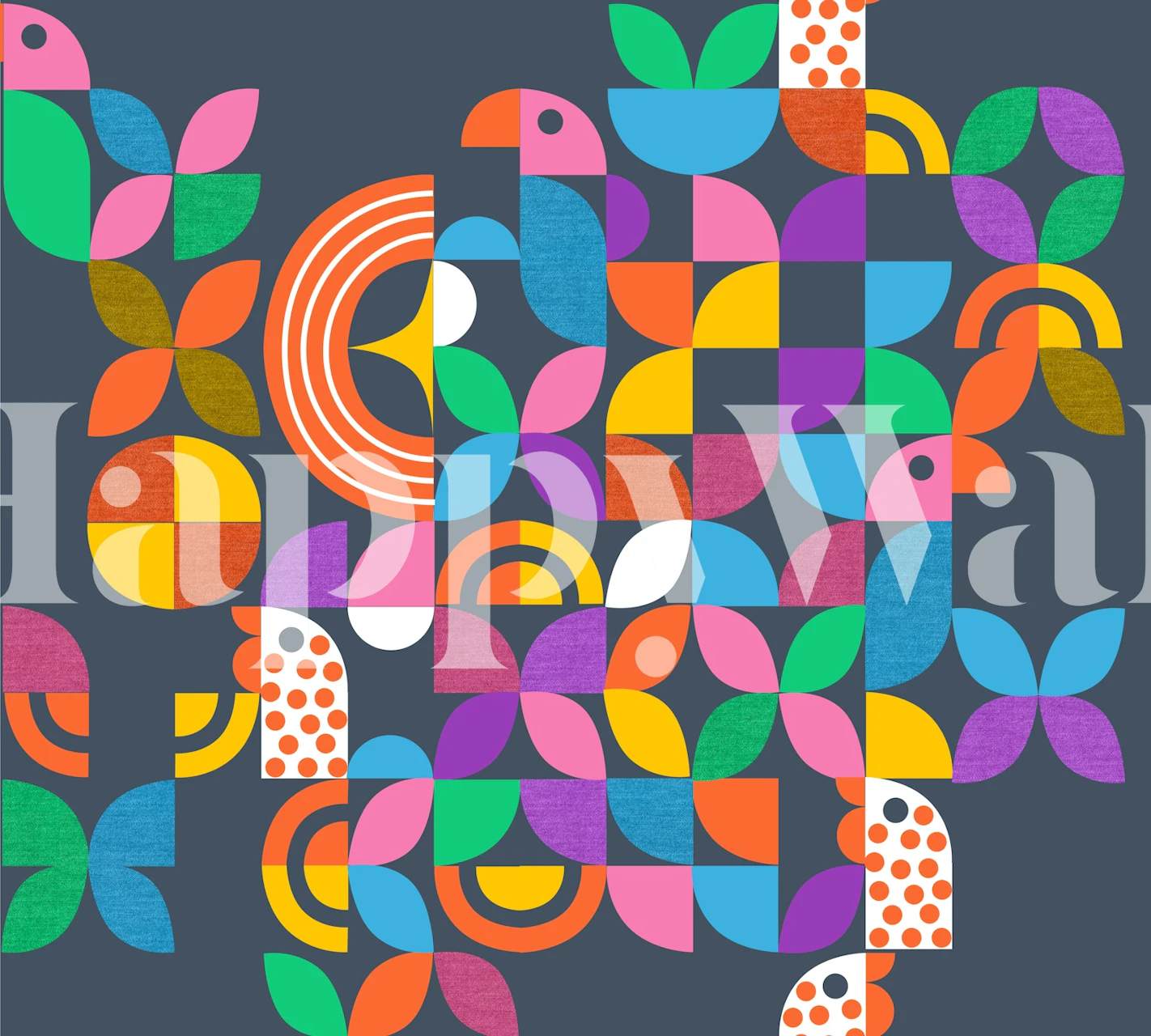 Colorful geometric birds and shapes wallpaper