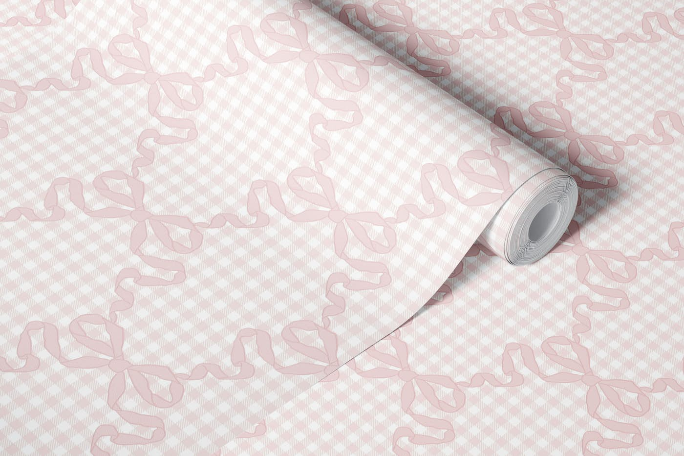 Princess Ribbons On Grid Pink And White wallpaper roll