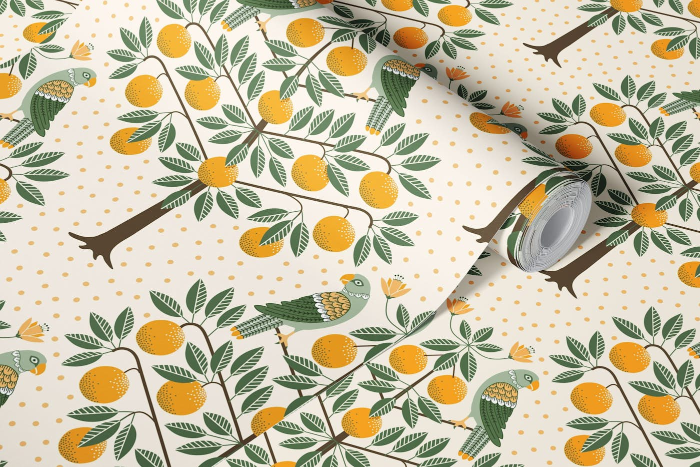 Orange tree garden with parrots vanilla wallpaper roll