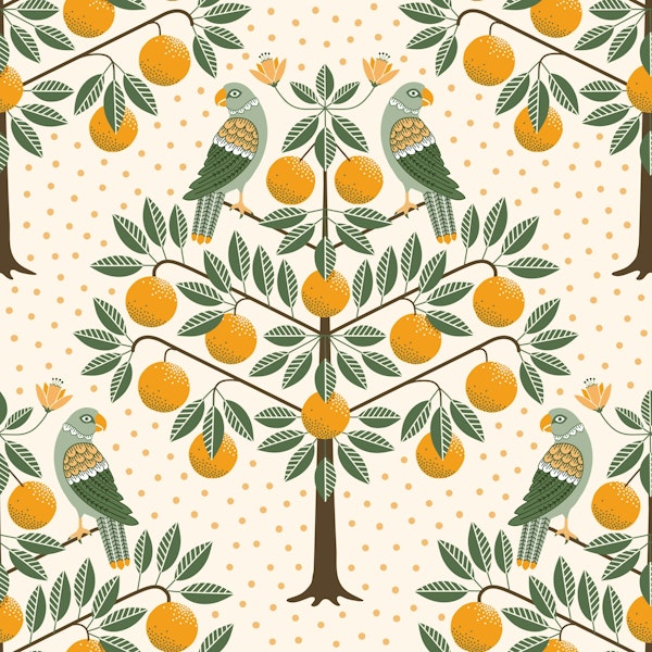 Orange tree garden with parrots vanilla