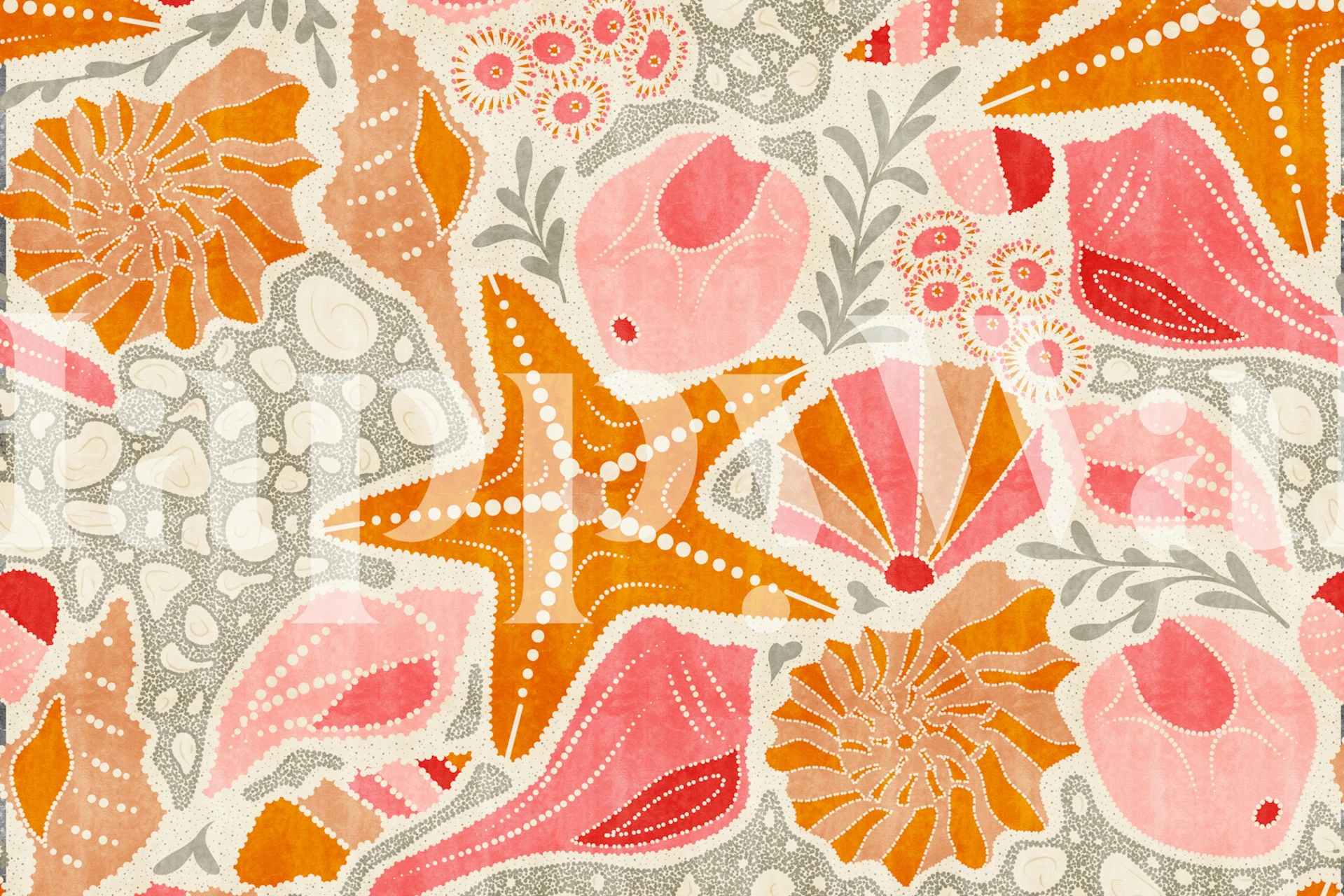 coastal-inspired beach motif wall mural with starfish and seashells in warm tones