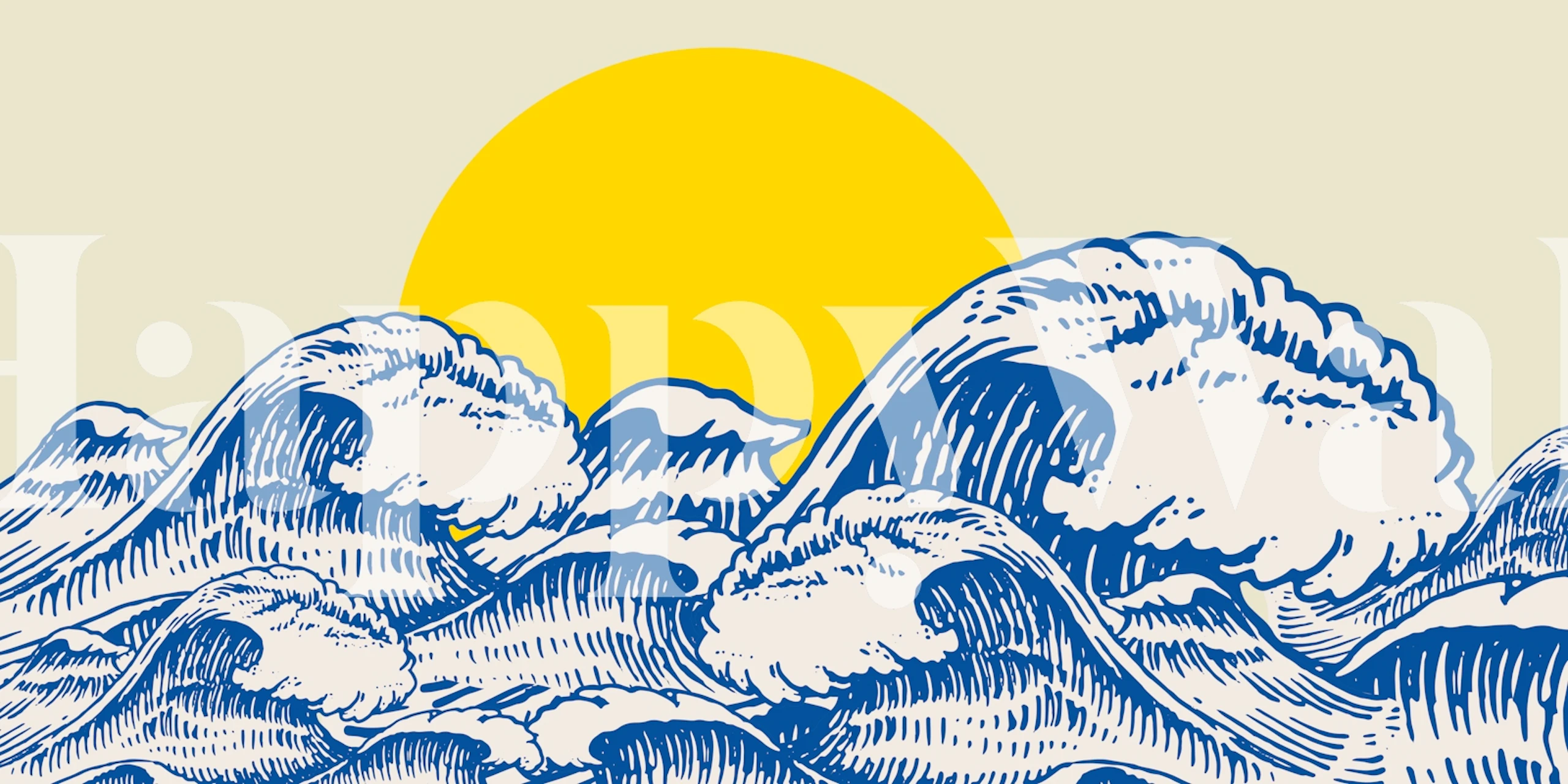 Ocean view with waves and a yellow sun wall mural