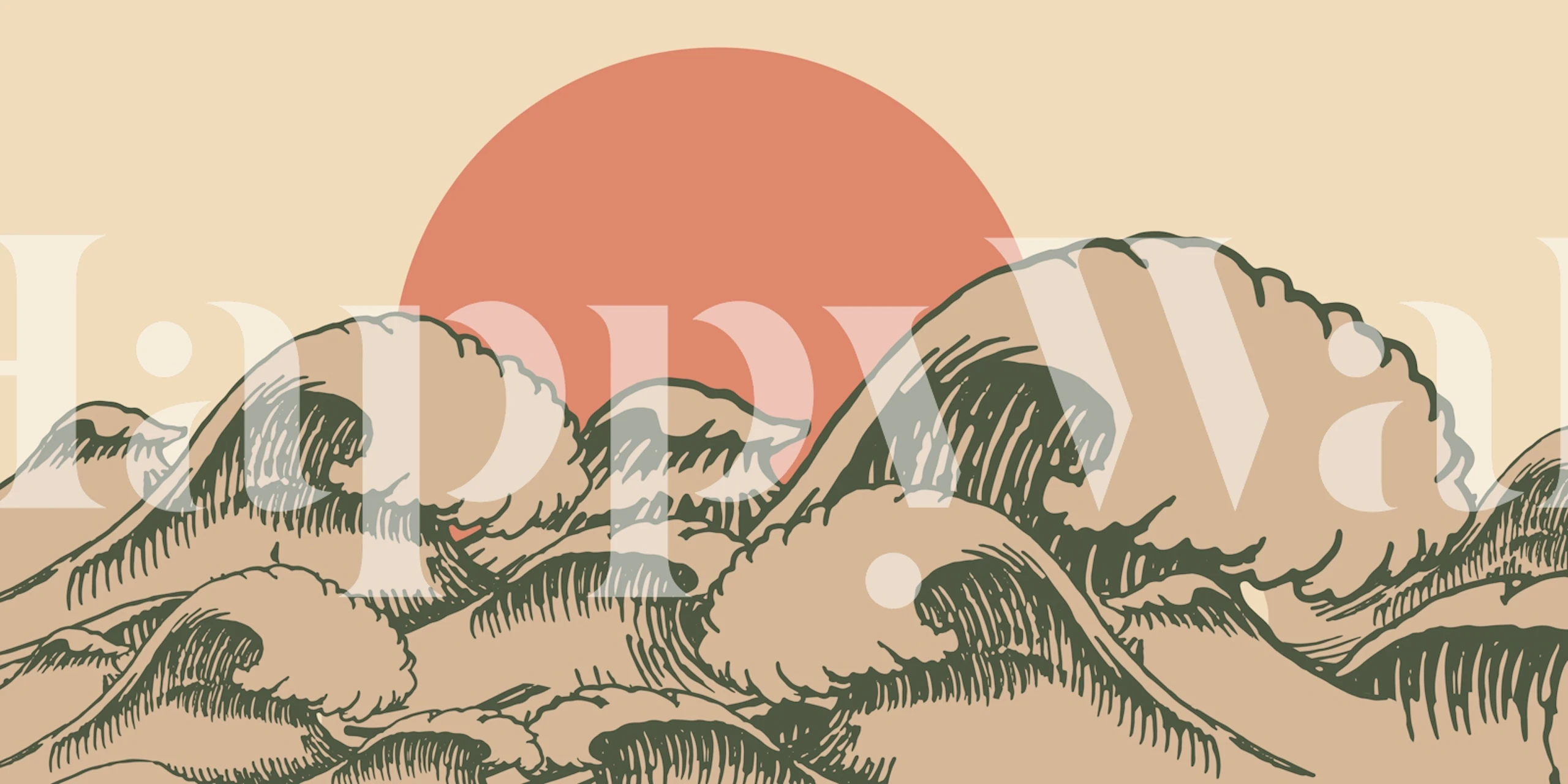 Waves and sun illustration in peach and beige colors wallpaper