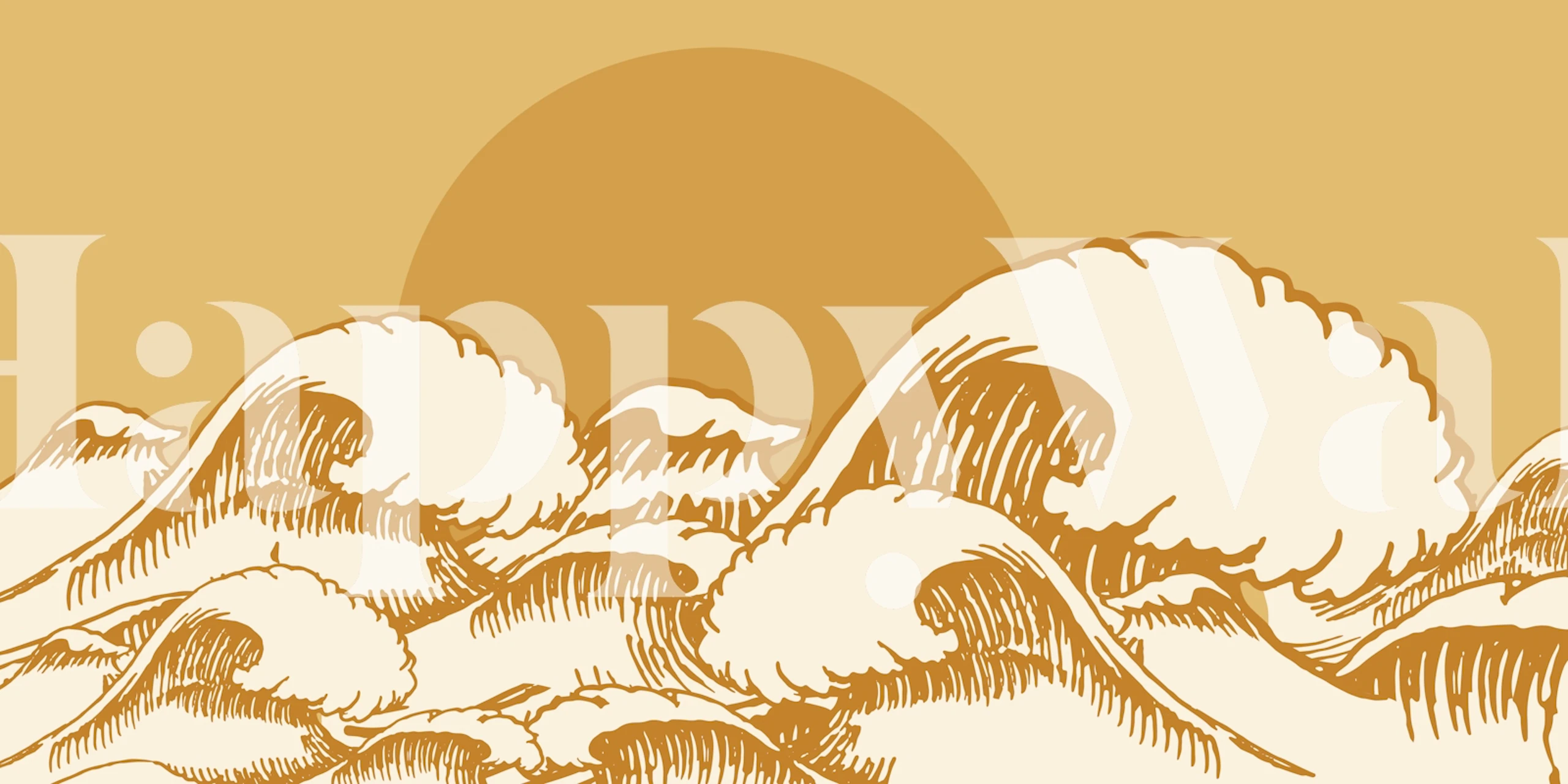 Ocean Sun Beige vægmaleri, der viser en stiliseret sol over blide bølger i beige toner.