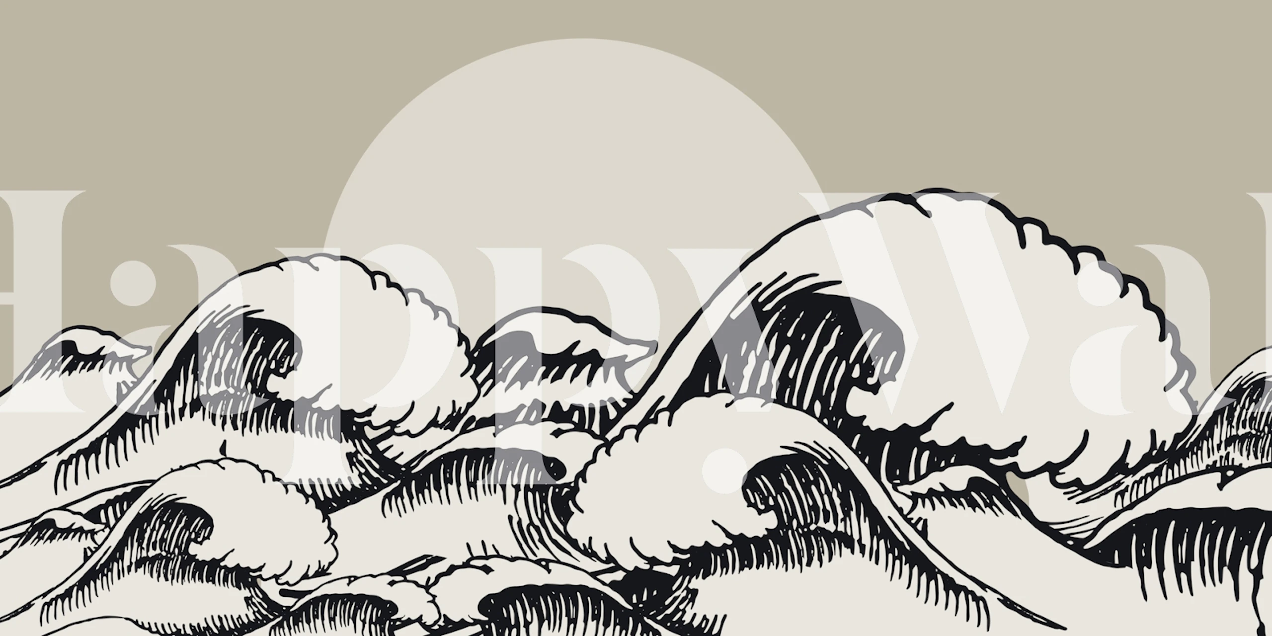 Papier peint Ocean Sun noir avec des vagues monochromes et un soleil pâle