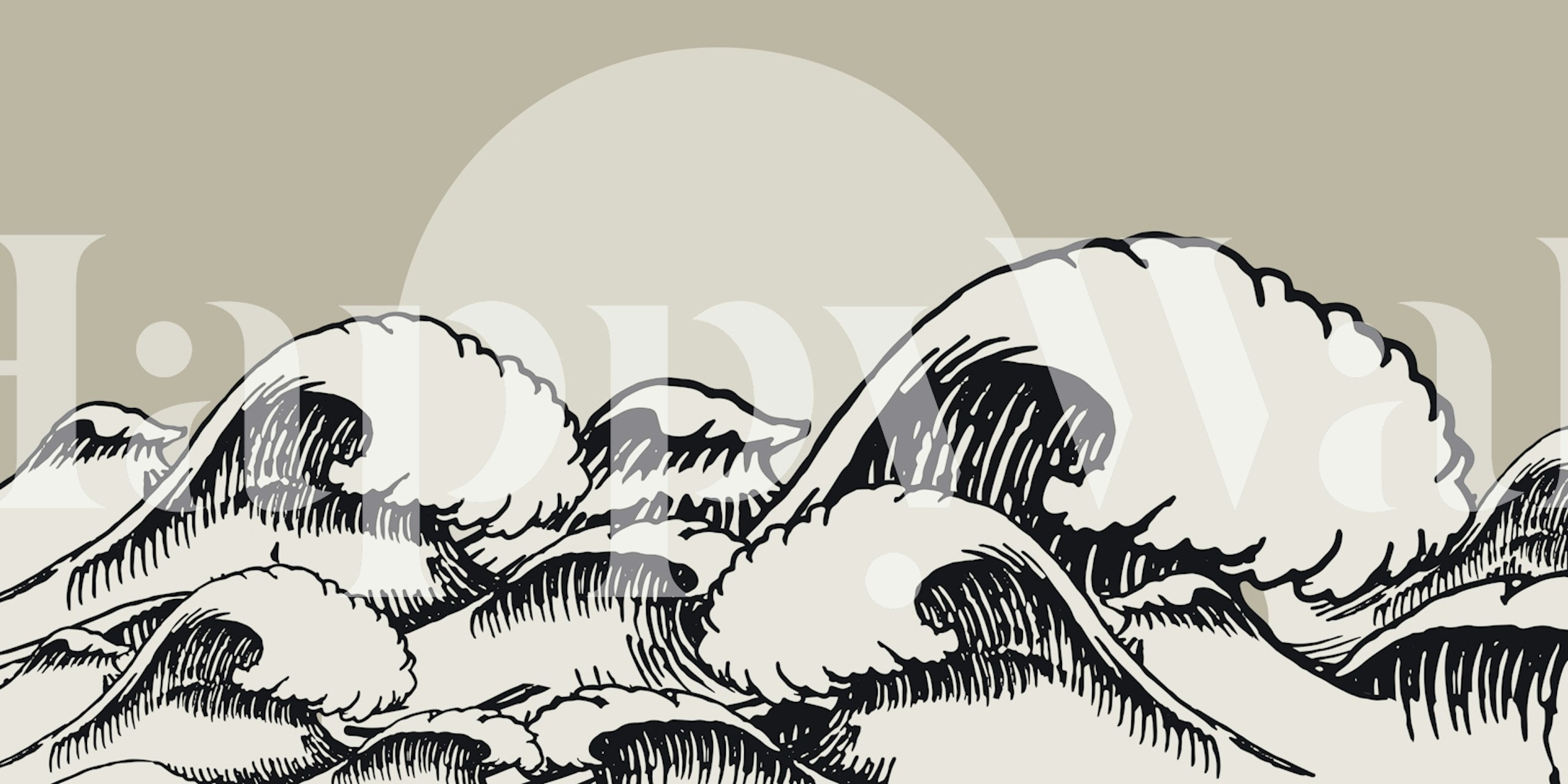 Ocean Sun Black wall mural with monochrome waves and a pale sun