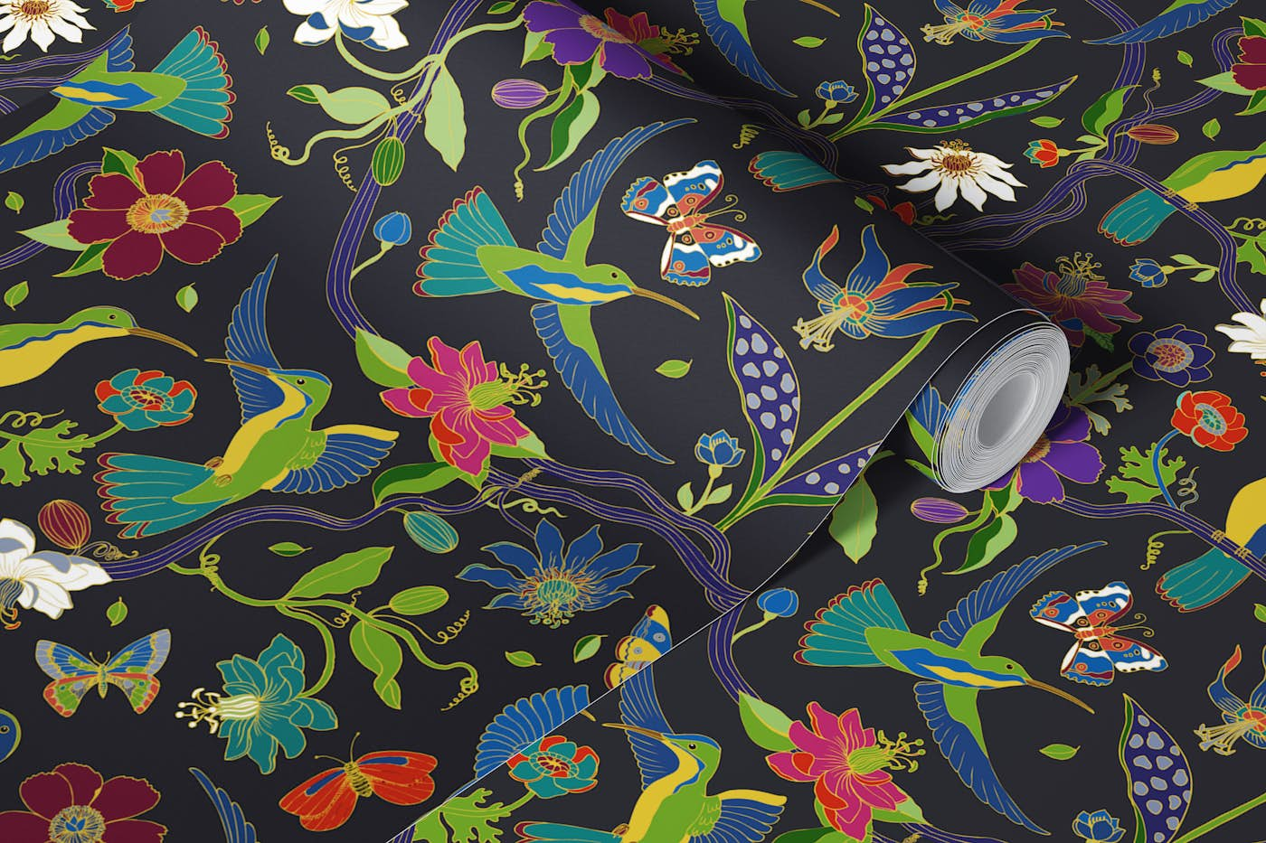 Hummingbirds and Passion flowers - cloisonne wallpaper roll