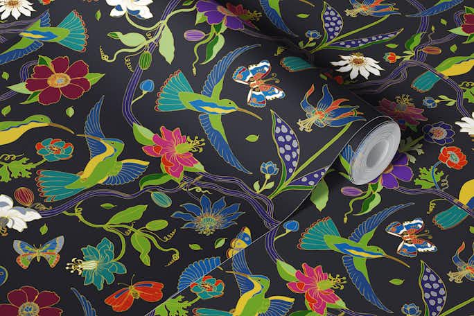 Hummingbirds and Passion flowers - cloisonnewallpaper roll