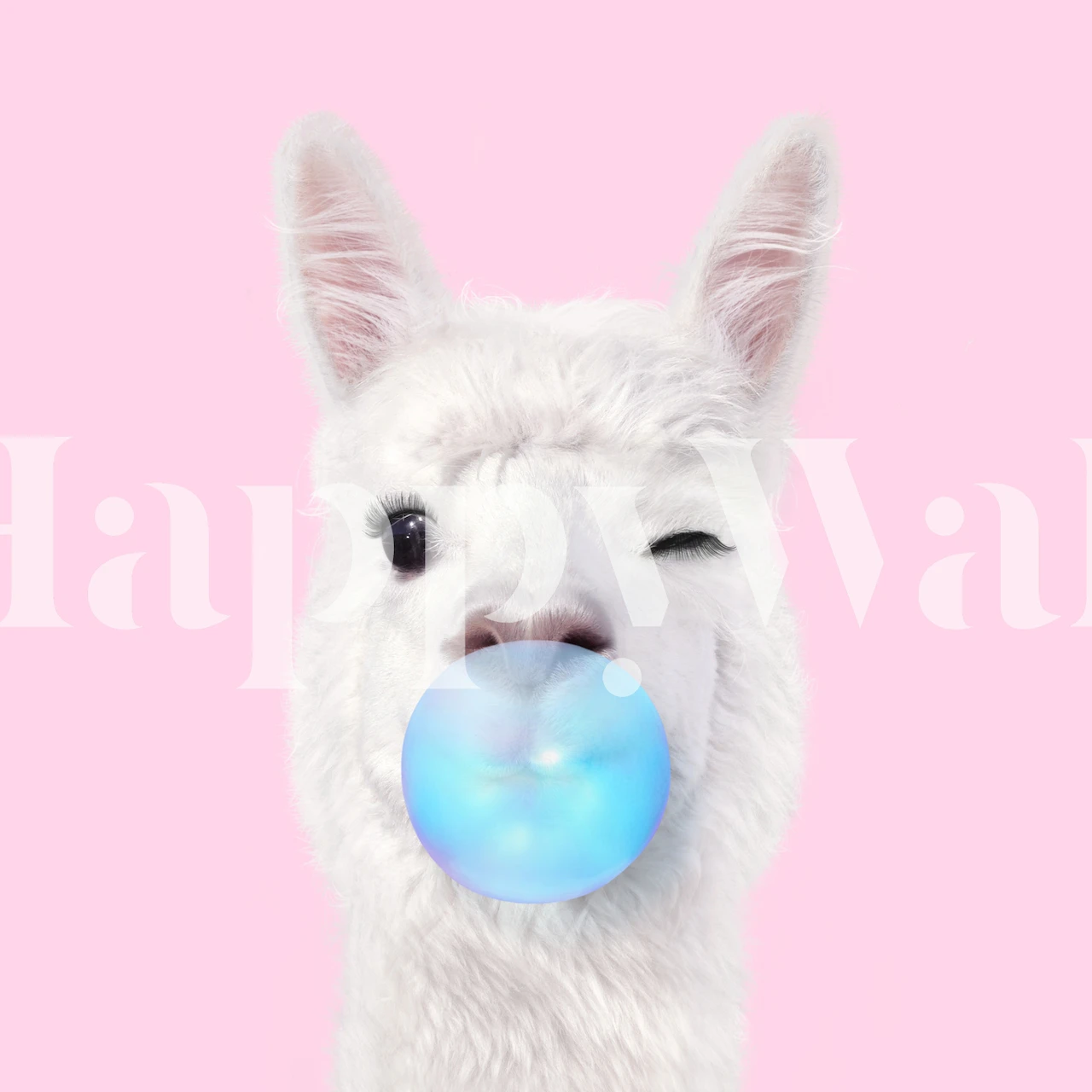 White llama with bubblegum against a pink background, whimsical wallpaper
