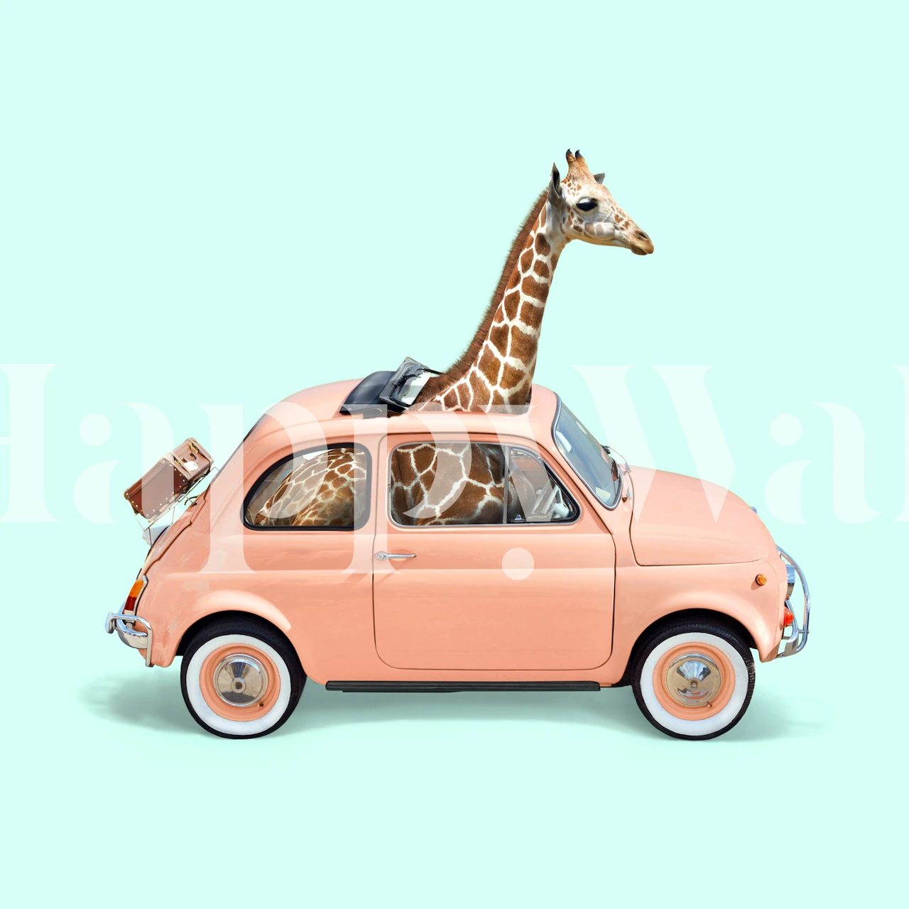 Pink vintage car with giraffe head and light blue background wallpaper