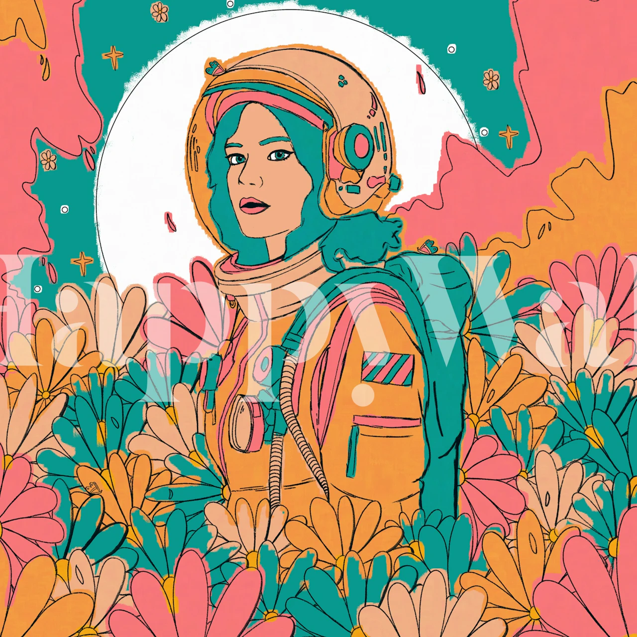 Illustration of an astronaut surrounded by colorful spring flowers for wall mural