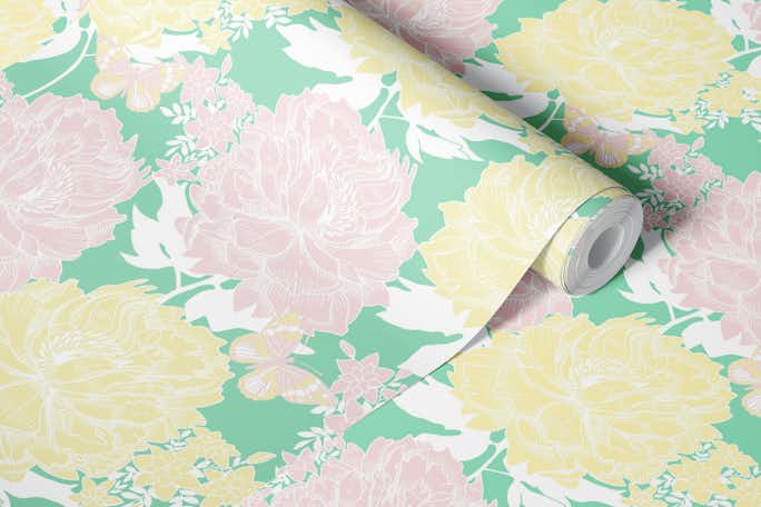 lush pink and yellow flowers on greenwallpaper roll