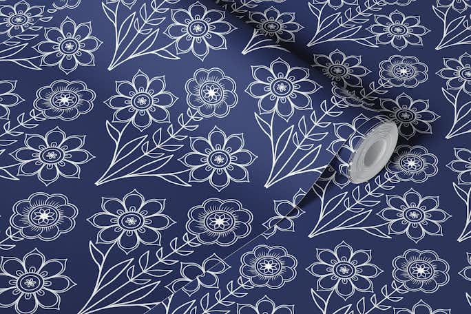 Three Florals on dark bluewallpaper roll