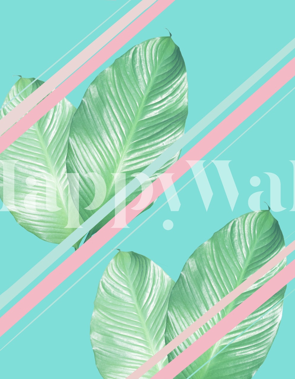 Φωτεινά καλοκαιρινά Leaves με ροζ Stripes τοιχογραφία σε τιρκουάζ φόντο