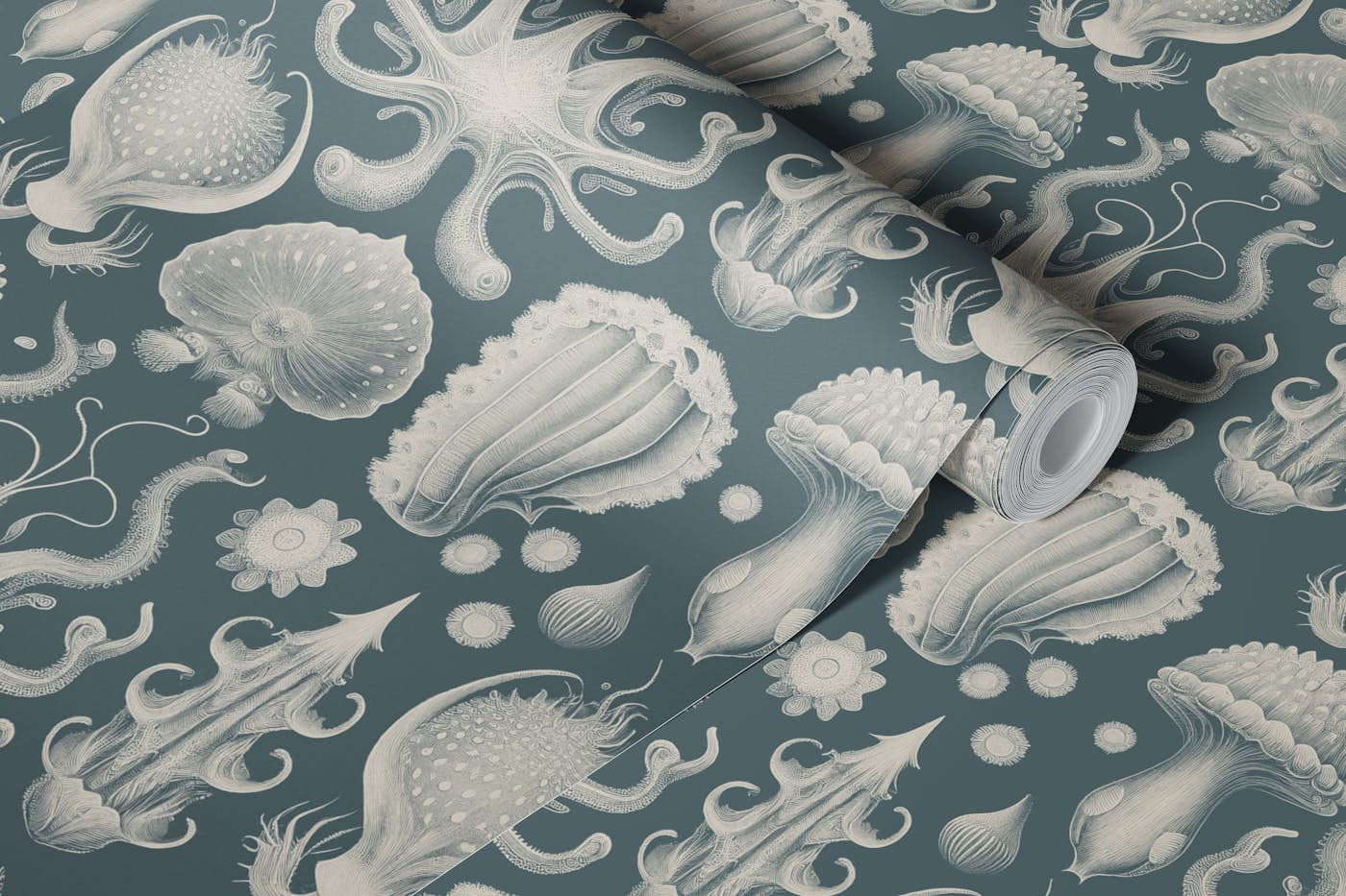 Strange Mollusks Toile de Jouy - Seafoam wallpaper roll