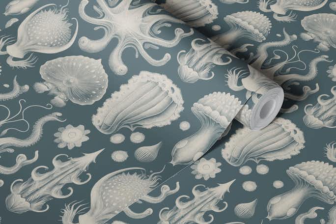 Strange Mollusks Toile de Jouy - Seafoamwallpaper roll
