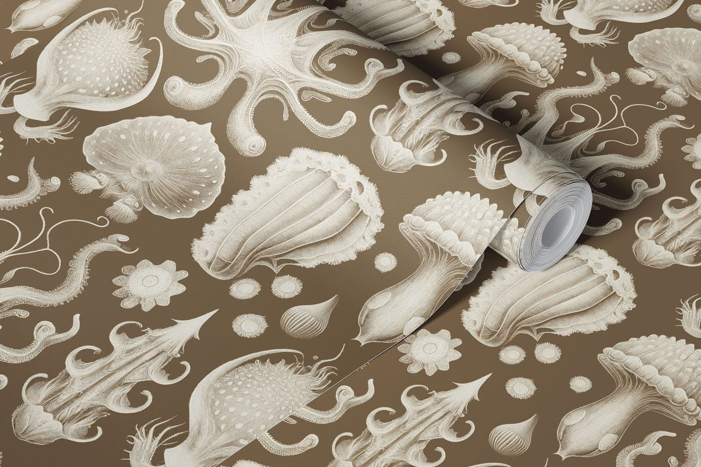 Strange Mollusks Toile de Jouy - Tobacco wallpaper roll